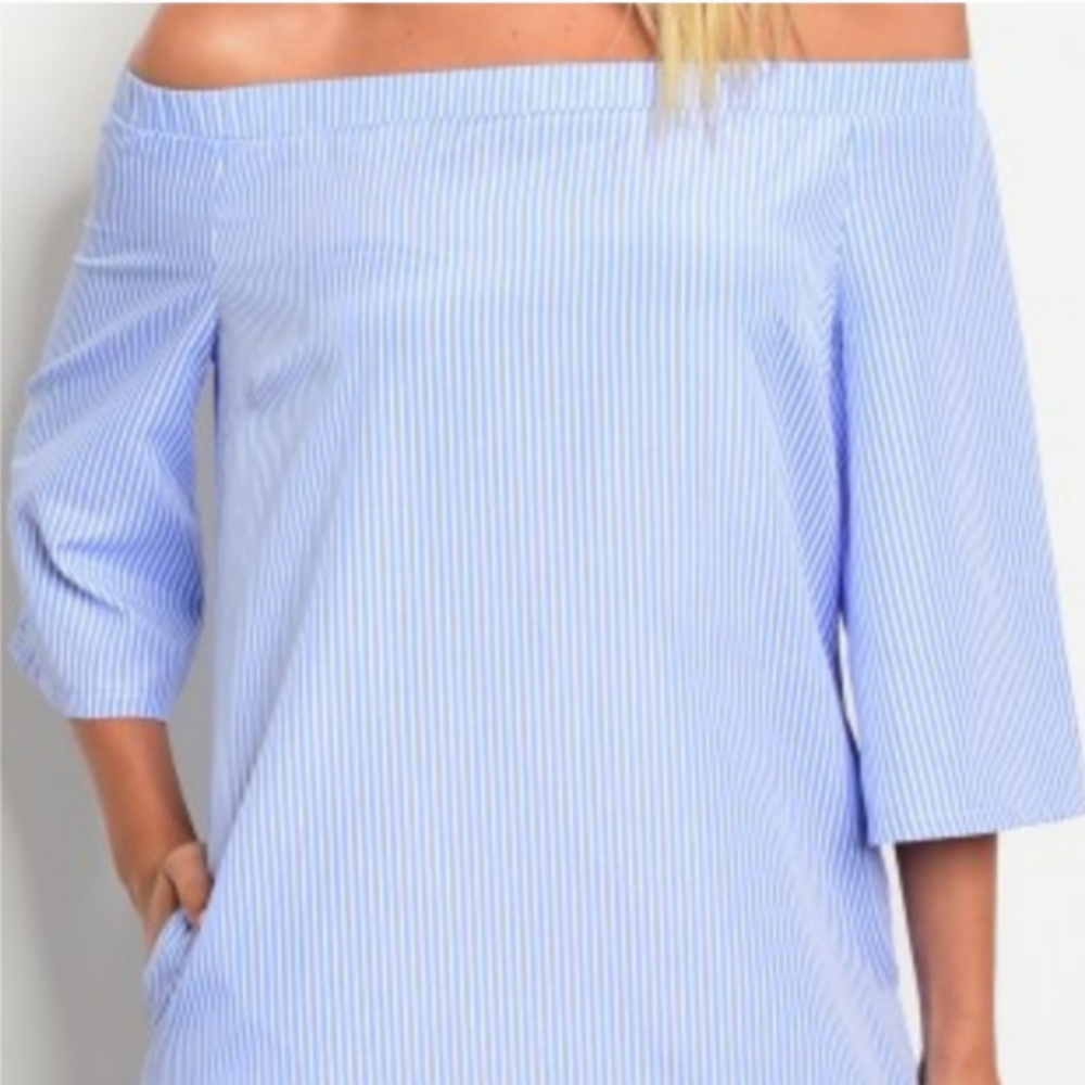 Blue and White Stripe Off Shoulder Shift Dress - Picture 3 of 4